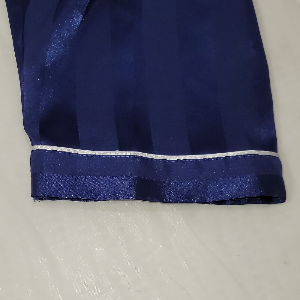 Elegant Blue Satin Pajama Set with Contrast Piping - Picture 5 of 11